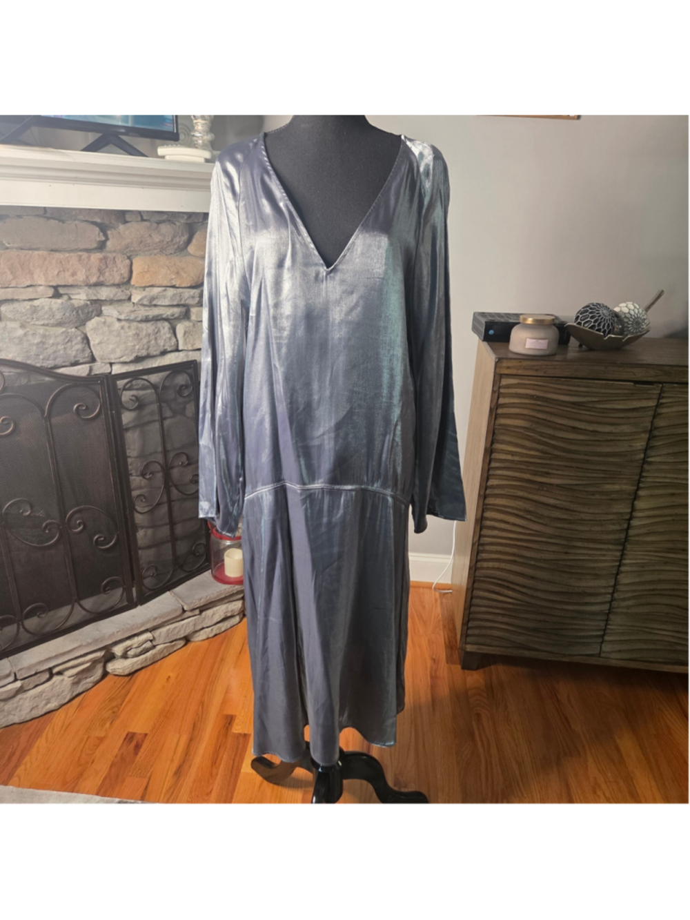Women's H&M Metallic Silver Grey Midi Dress Size S